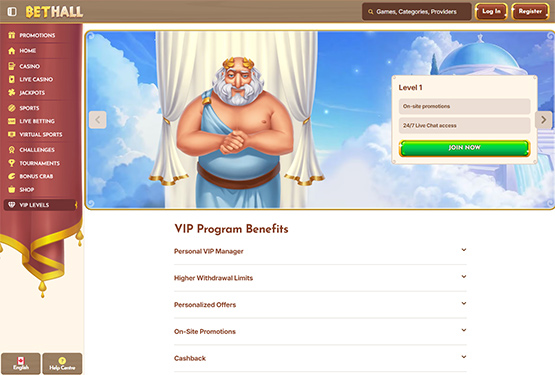 BetHall casino vip page
