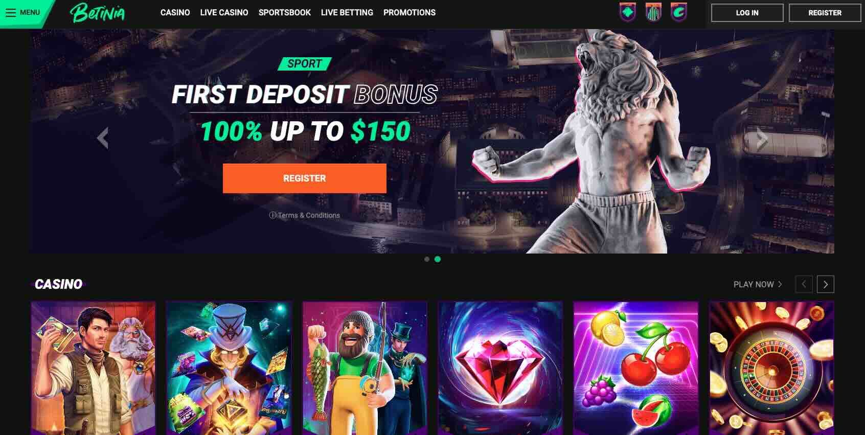 main page of betinia casino