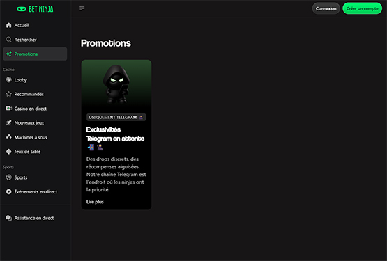 Page des promotions du casino Betninja