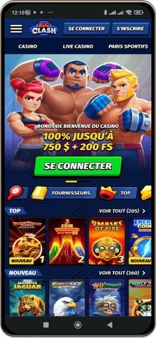 Capture d'écran de la page principale de BigClash Casino sur mobile