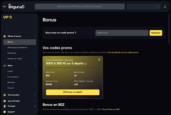Page des promotions du casino Bitguruz