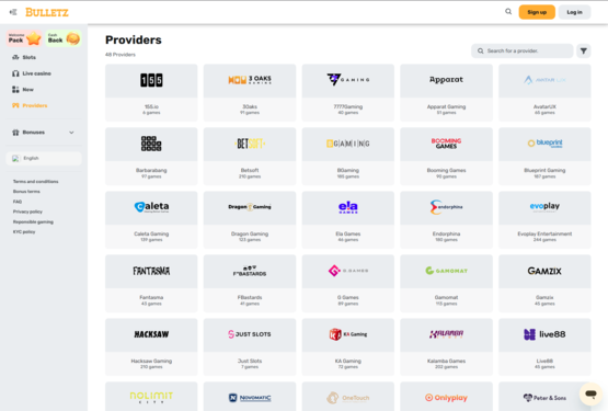 Bulletz casino providers page