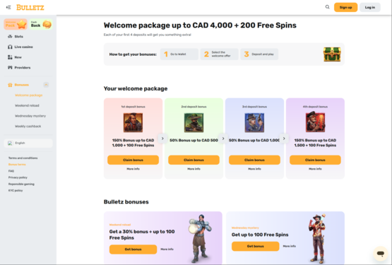 Page des promotions du casino Bulletz
