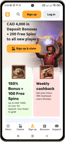 Capture d'écran de la page principale de Bulletz Casino sur mobile