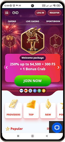 Mobile screenshot of the Casino Infinity main page