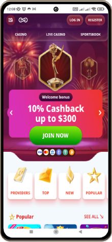 Mobile screenshot of the Casino Infinity main page