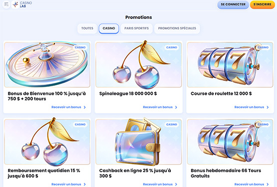 Page des promotions du CasinoLab
