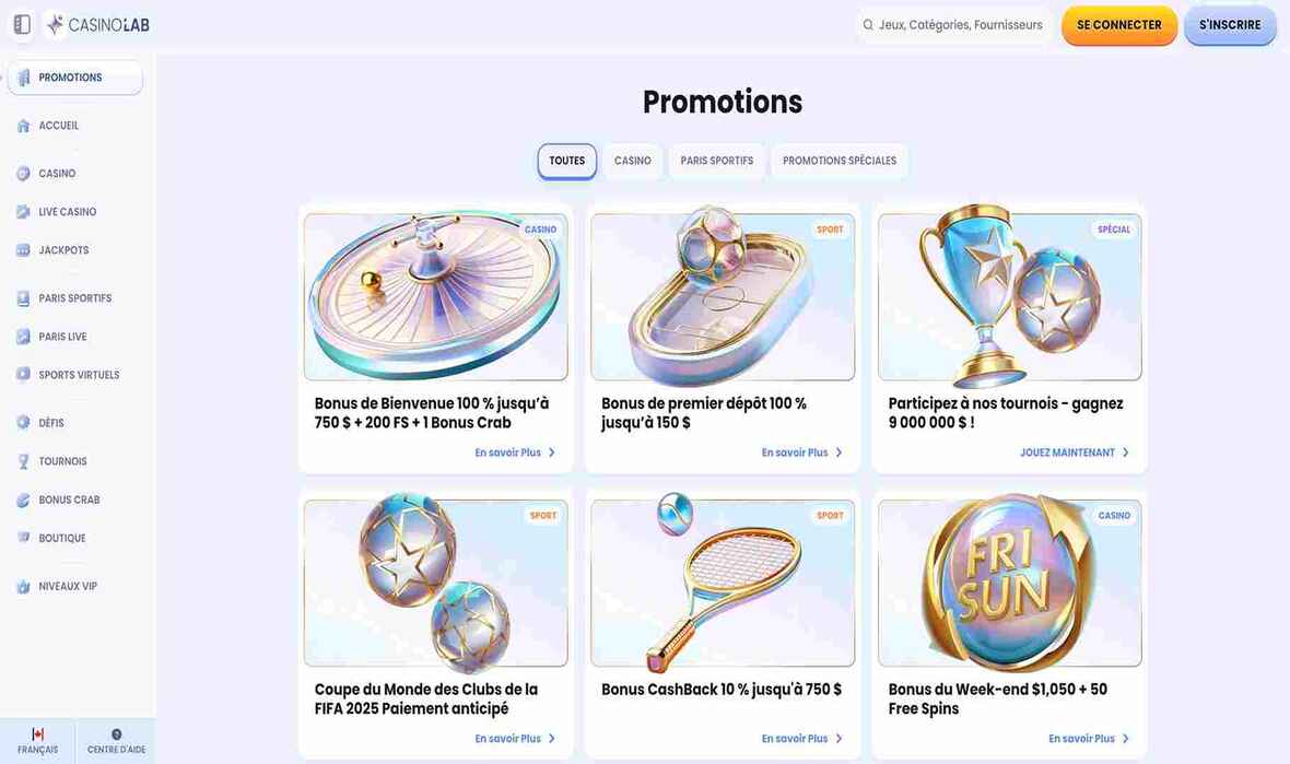 Page des promotions du CasinoLab