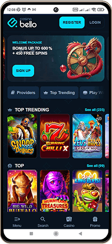 Mobile screenshot of the Casinobello main page
