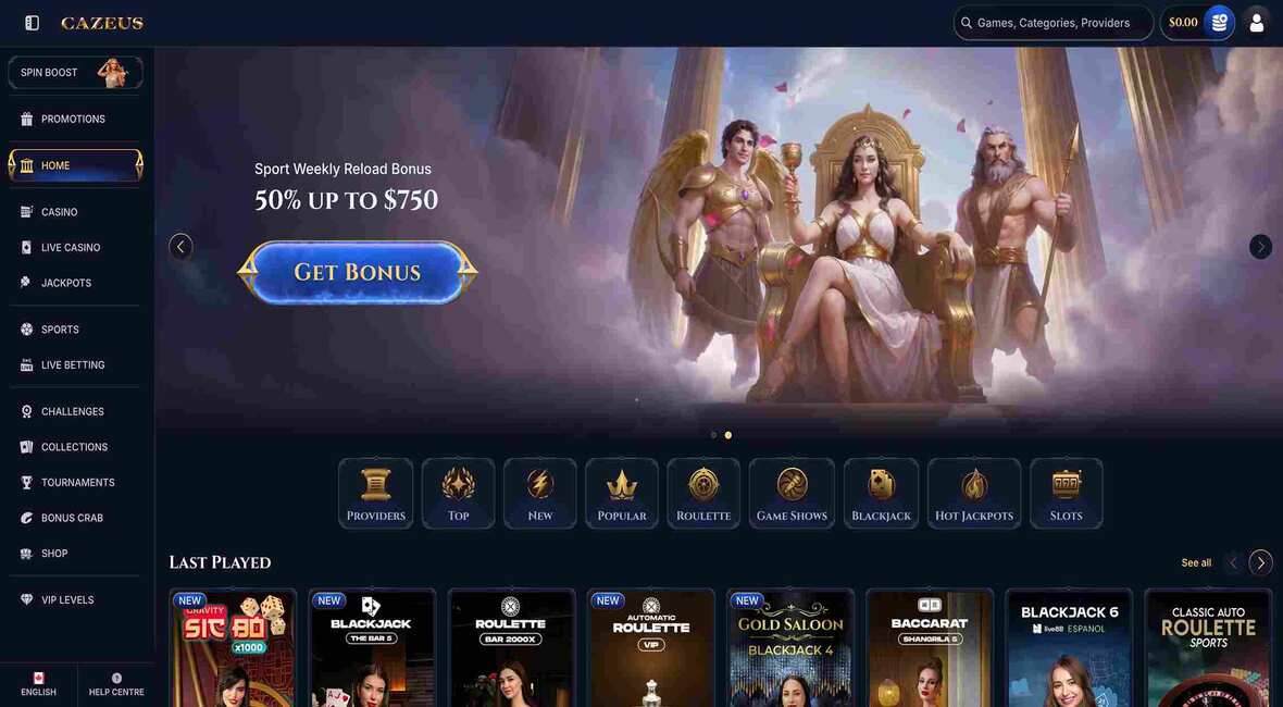 Cazeus casino main page