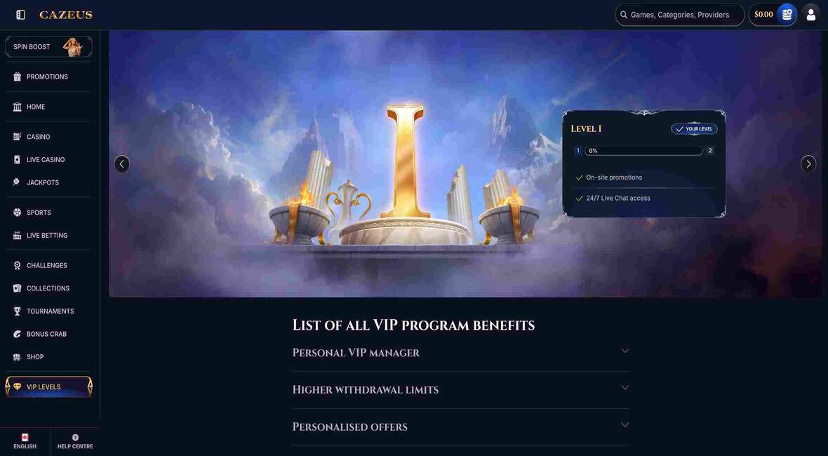 Cazeus casino vip page