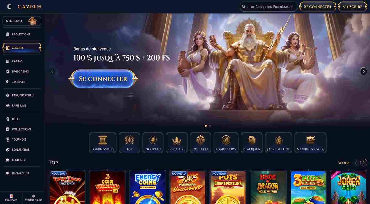 Page principale du casino Cazeus