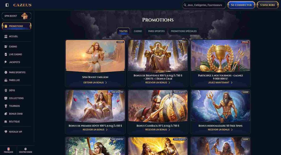Page des promotions du casino Cazeus