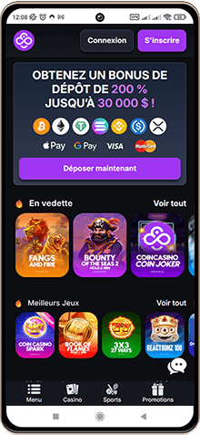 Capture d'écran de la page principale de Coincasino sur mobile