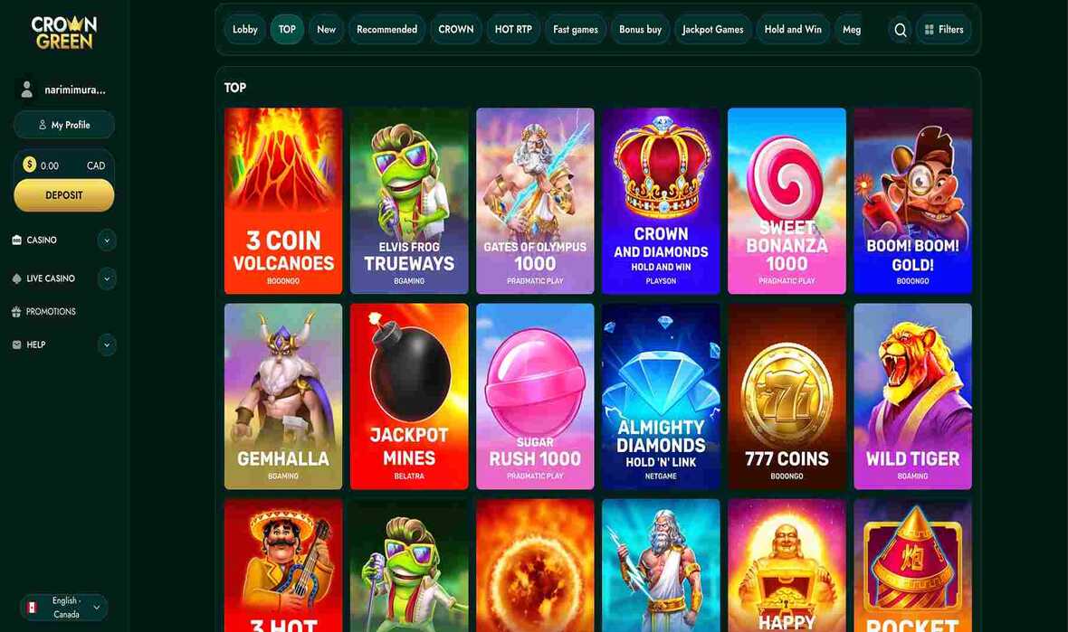 CrownGreen casino top games page