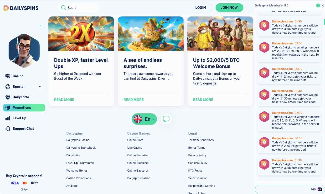 Dailyspins Casino promos and bonuses selection
