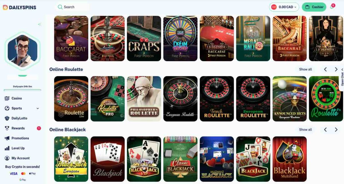 table games selection at dailyspins casino