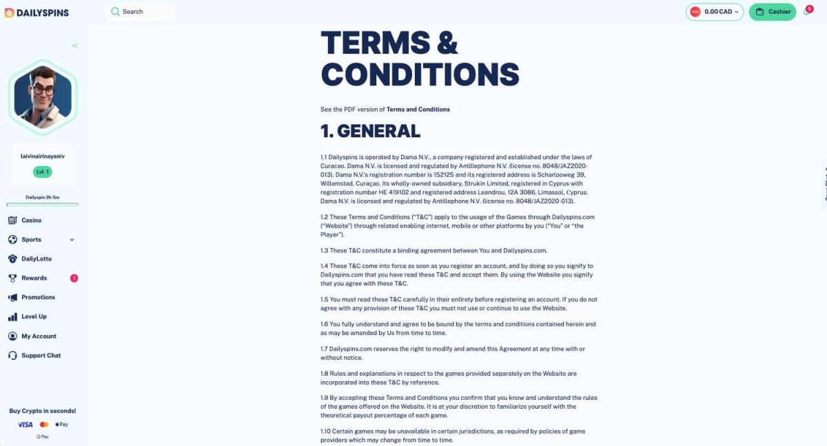 terms and conditions at dailyspins casino