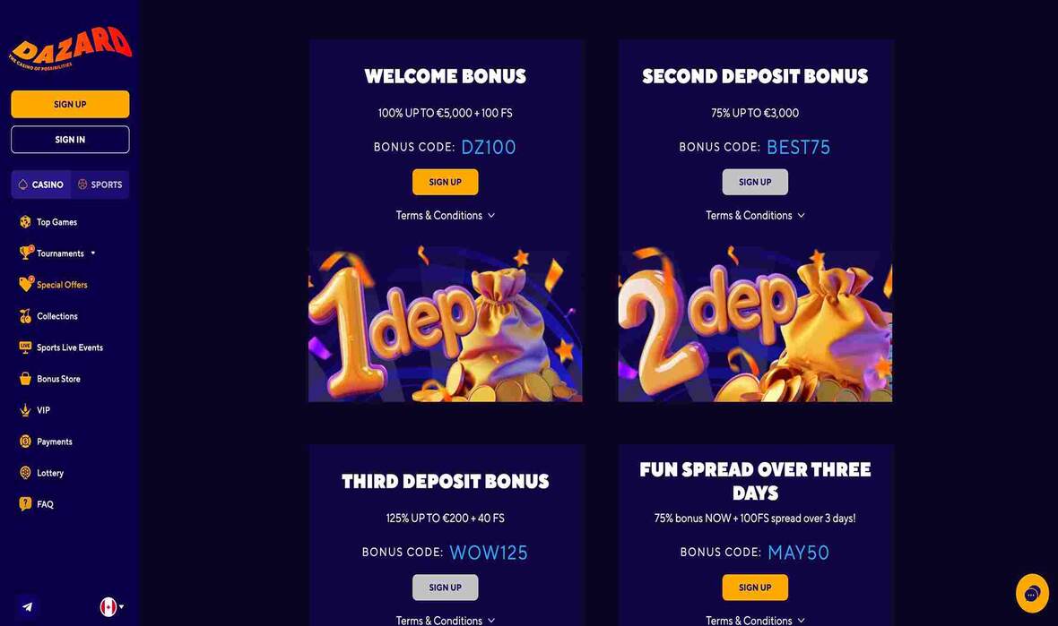 Dazard casino promotions page