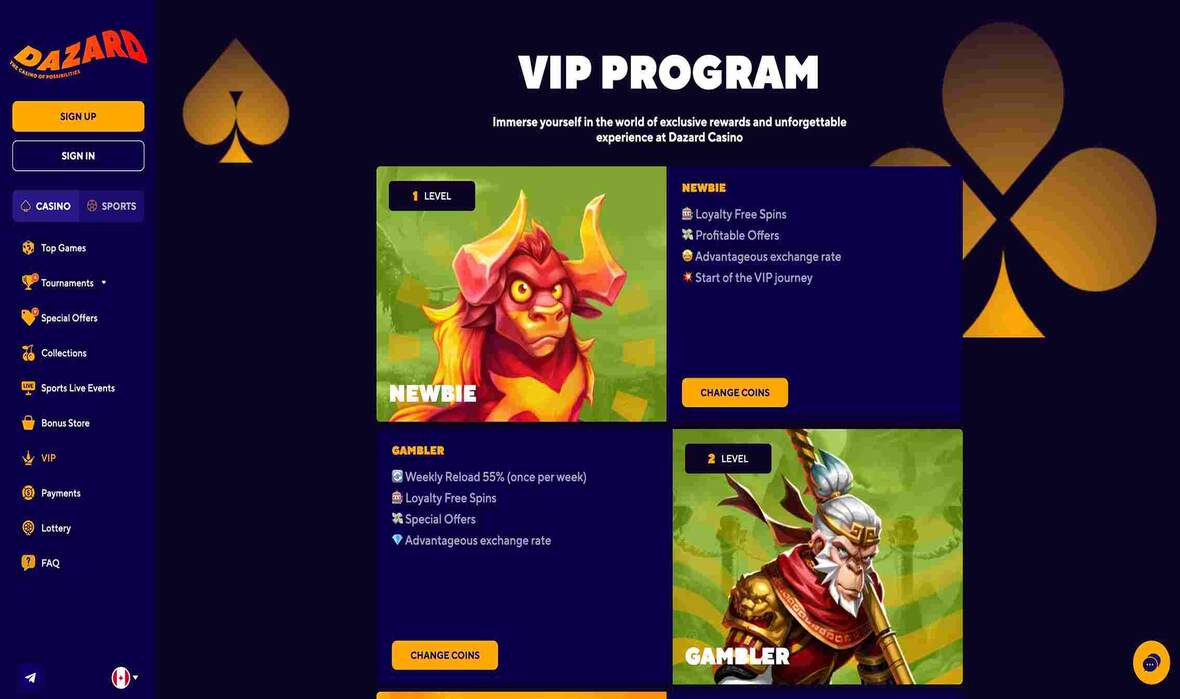 Dazard casino vip page