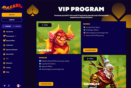 Dazard casino vip page