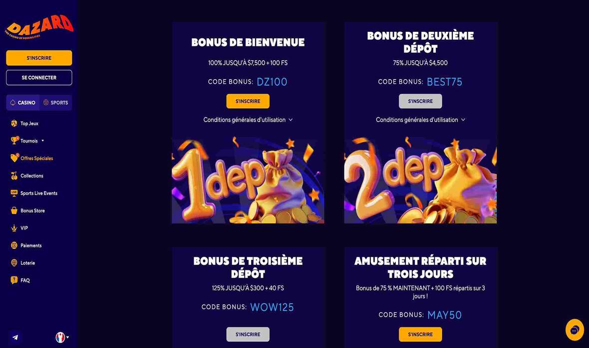 Page des promotions du casino Dazard