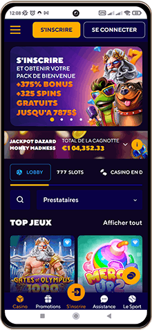 Capture d'écran de la page principale de Dazard Casino sur mobile