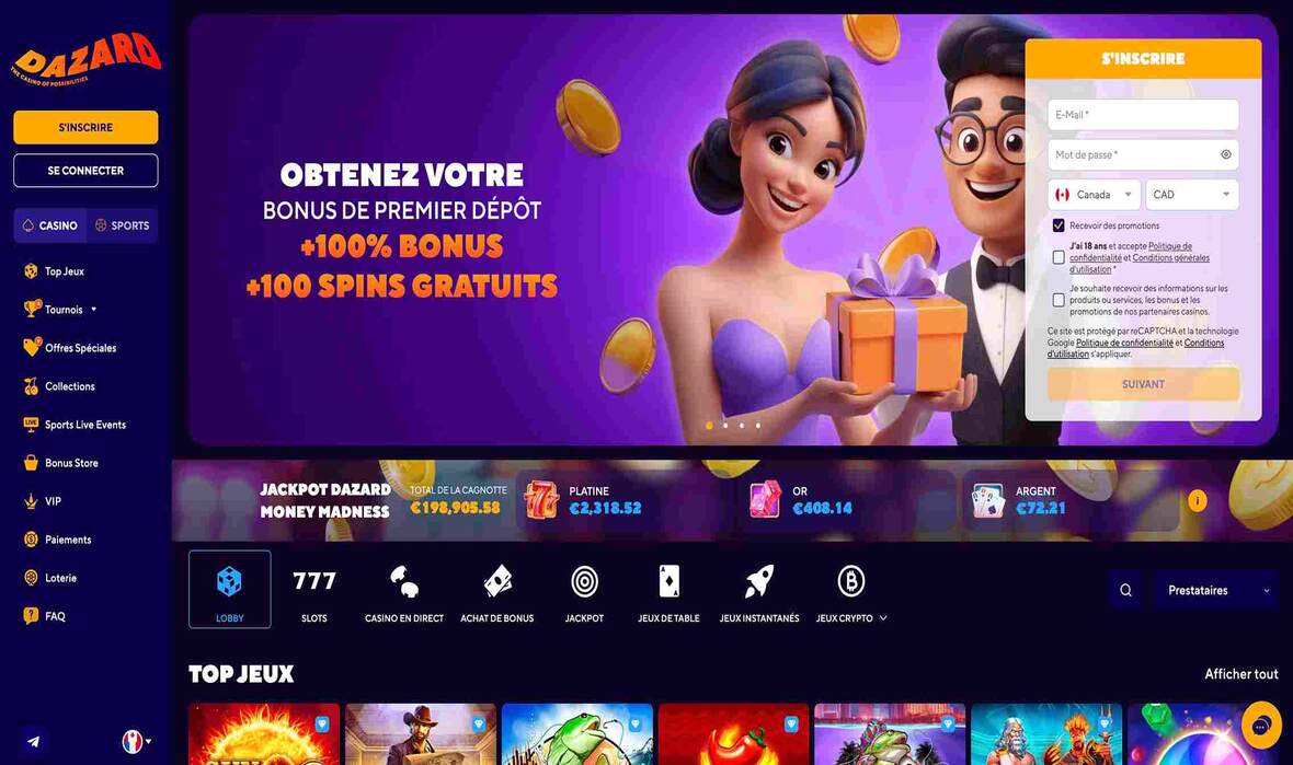 Page principale du casino Dazard
