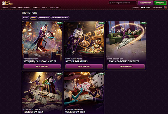 Page des promotions du casino Dice Palace