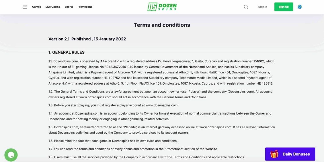 DozenSpins Terms and Conditions