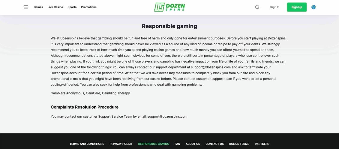 Responsible Gambling DozenSpins