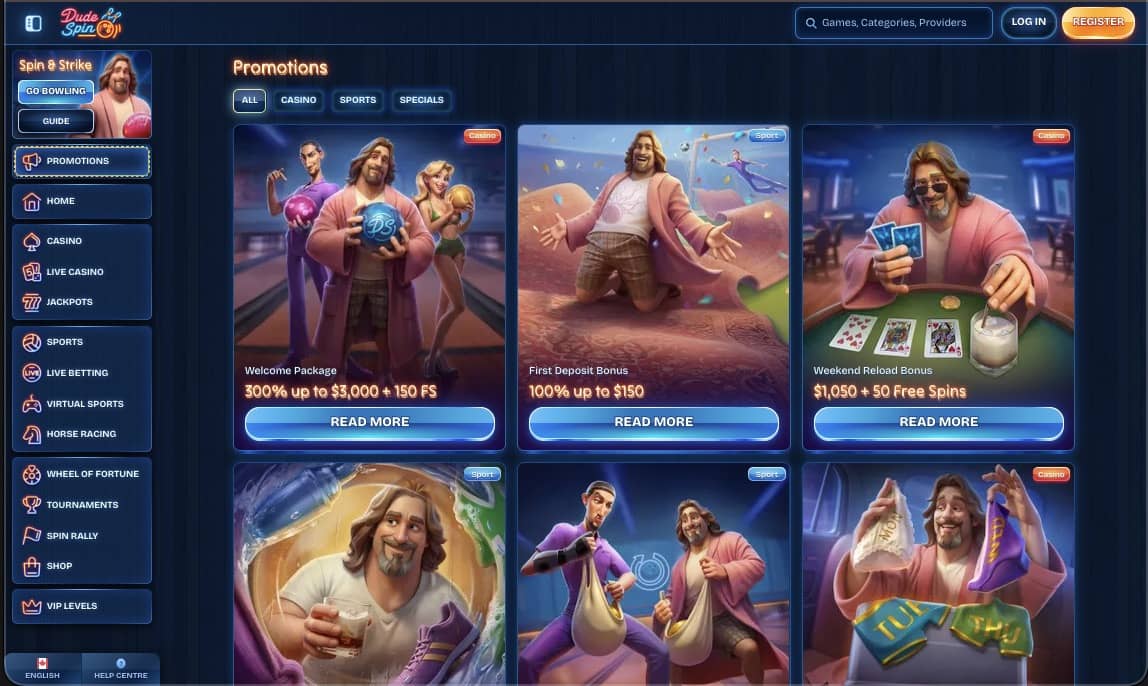 Dudespin casino promotions page