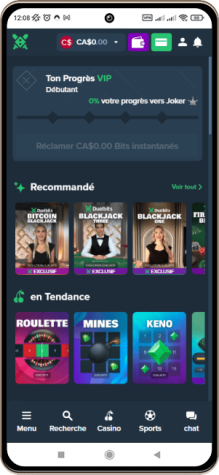 Capture d'écran de la page principale de Duelbits Casino sur mobile