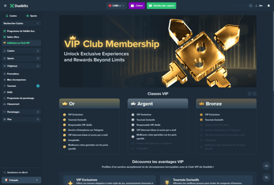 Duelbits casino VIP page de programmation