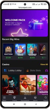 Mobile screenshot of the FortuneJack Casino main page