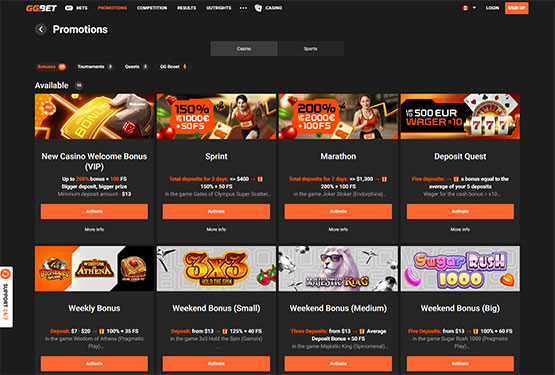 GGbet casino promotions page