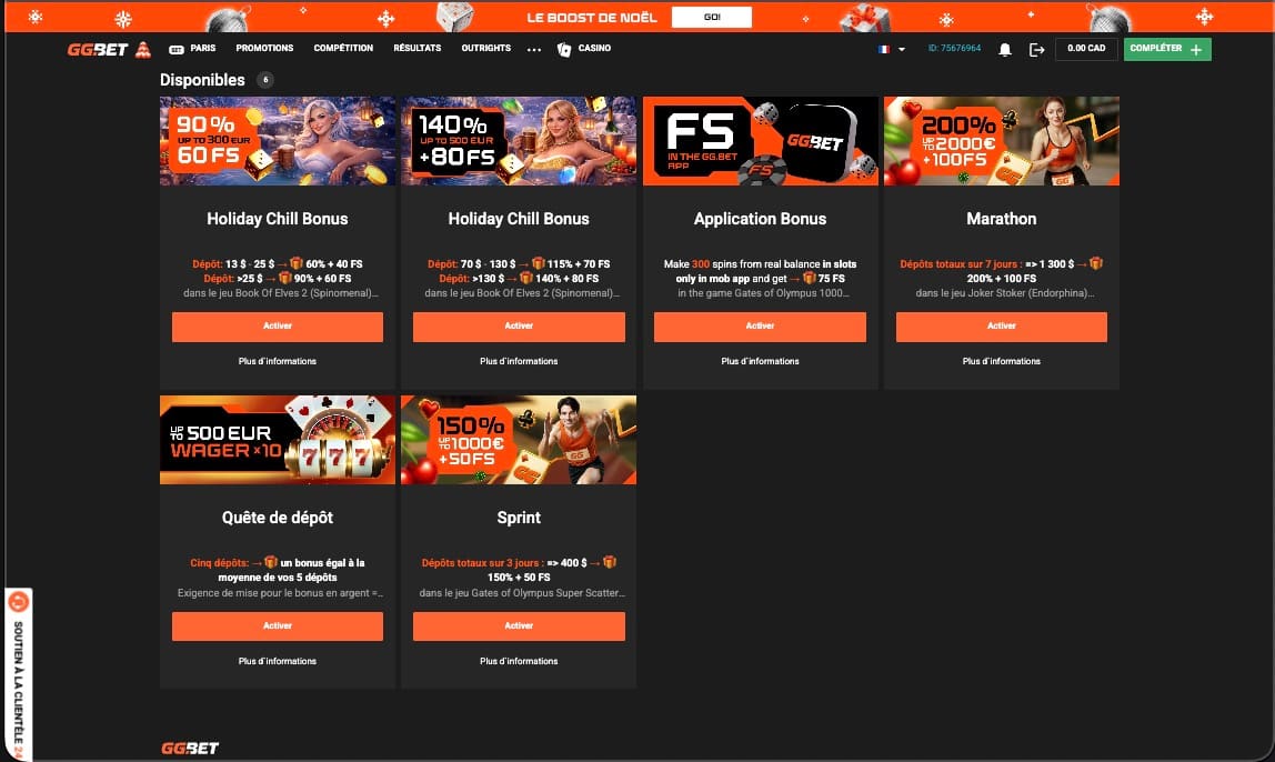 Page des promotions du casino GGbet