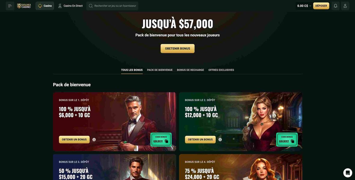 Page des promotions du casino Goldex