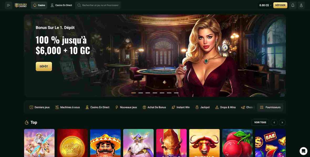 Page principale du casino Goldex