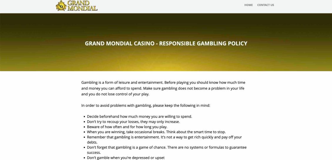 Responsible Gaming at Grand Mondial Casino