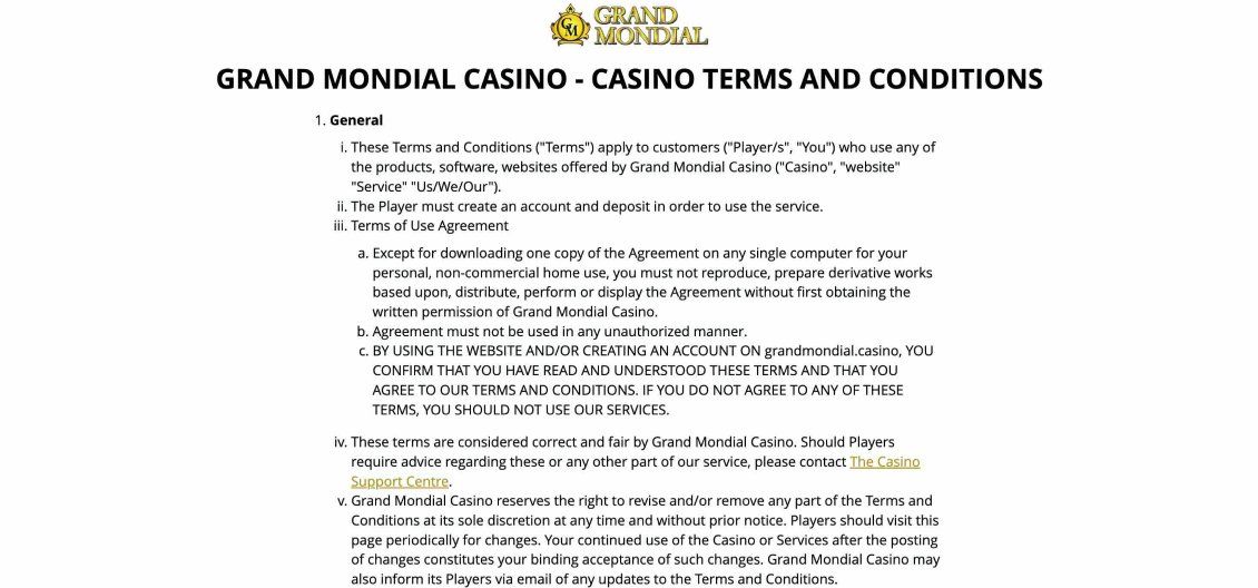 Grand Mondial Casino Terms and Conditions