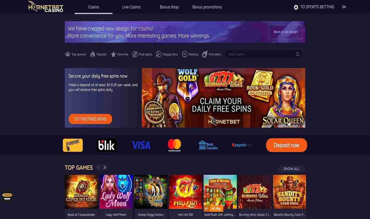 HornetBet casino main page