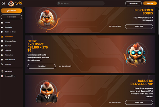 Page des promotions du casino Hugo