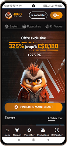 Capture d'écran de la page principale de Hugo Casino sur mobile
