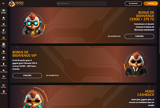 Page des promotions du casino Hugo