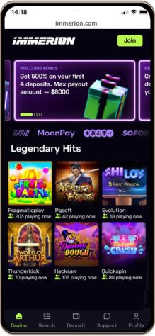 Mobile screenshot of the Immerion Casino main page