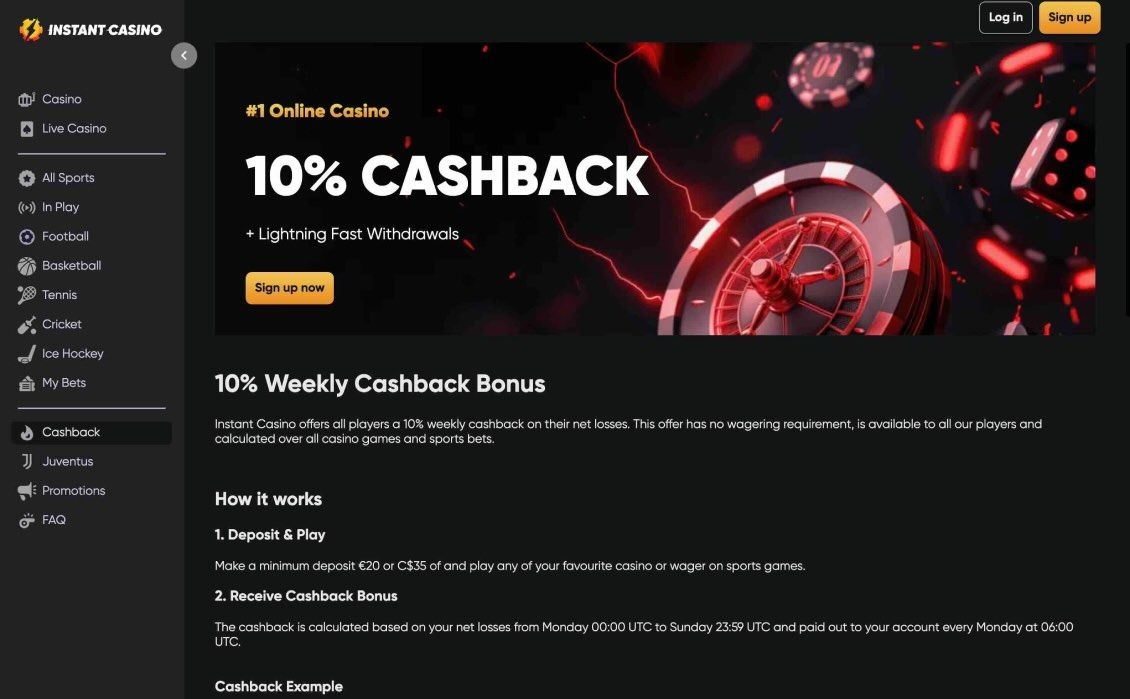 Instant Casino promo page about cashback offer