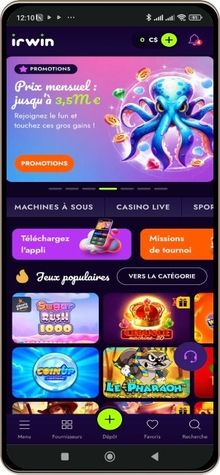 Capture d'écran de la page principale de Irwin Casino sur mobile