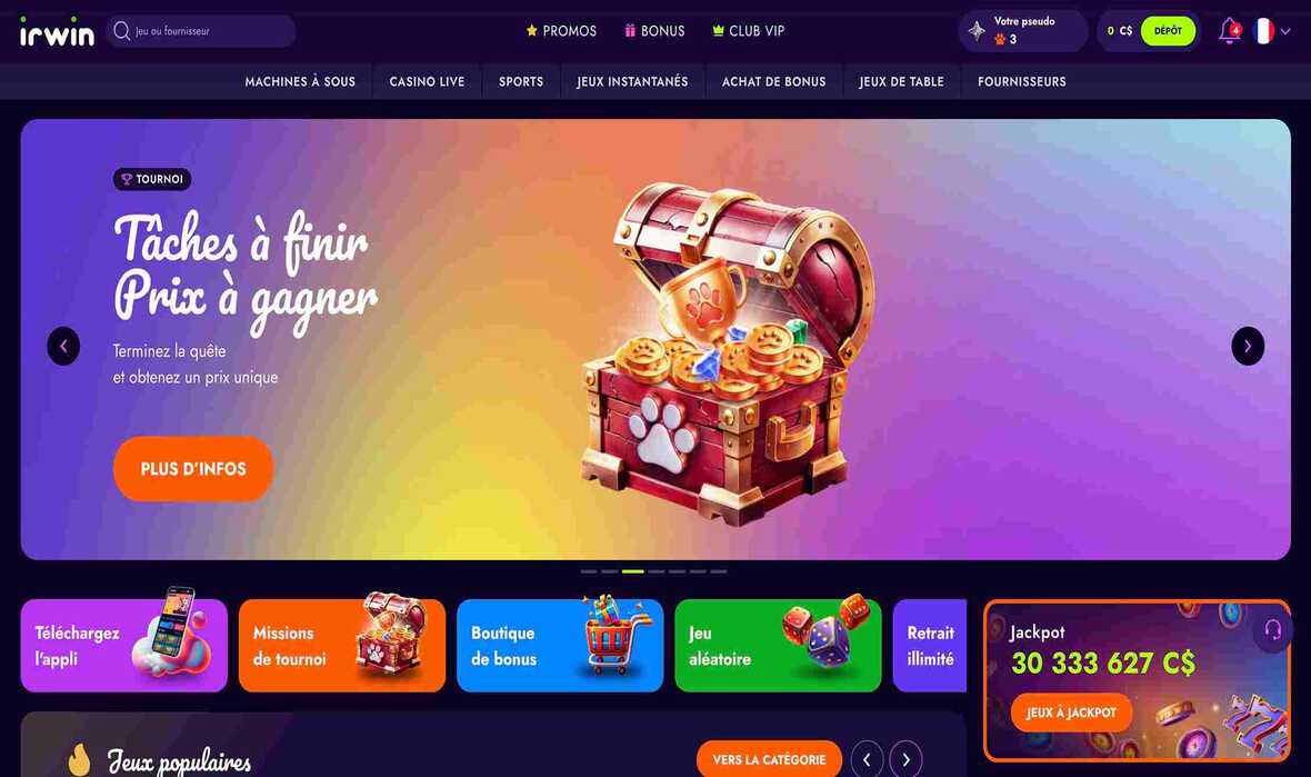Page principale du casino Irwin