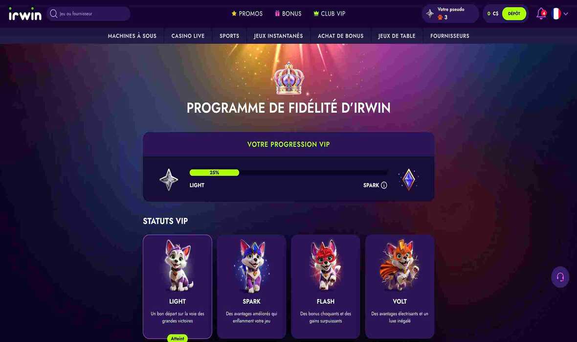Irwin casino vip page de programmation
